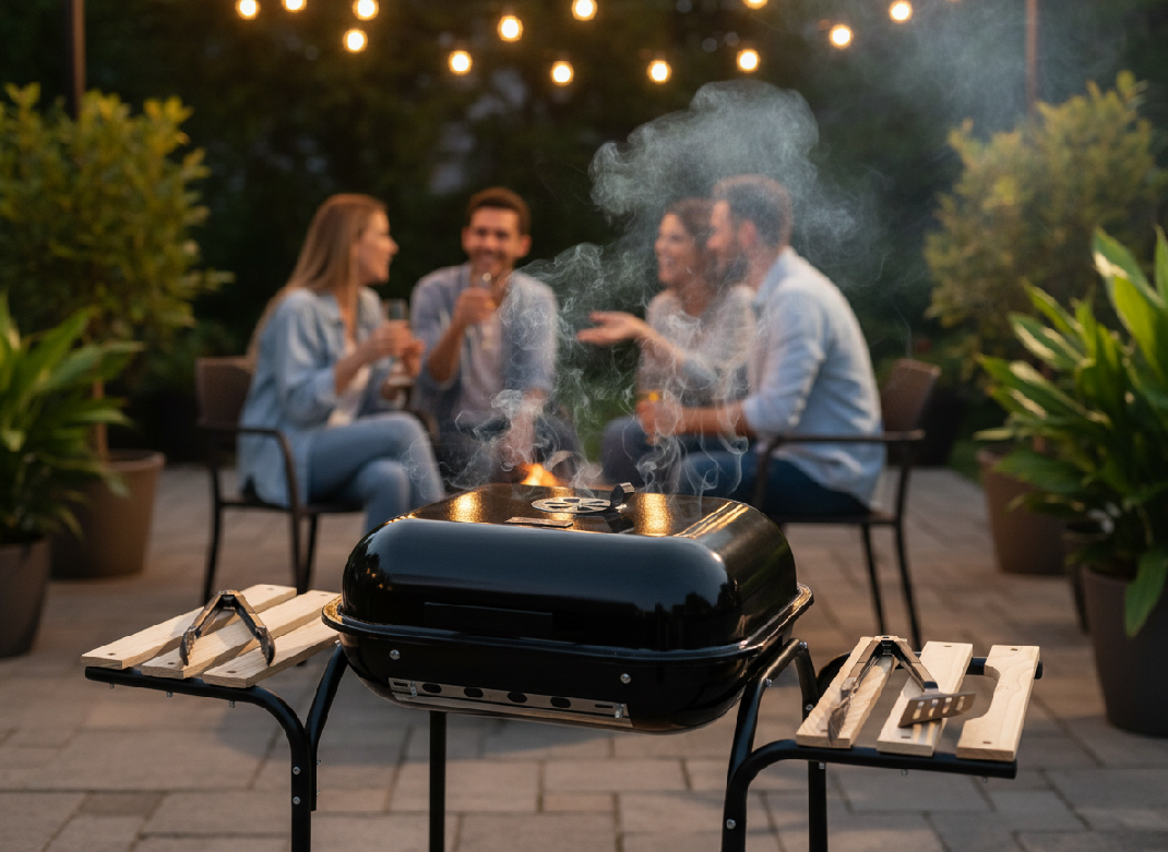 AMERICKÝ UHELNÝ GRIL S BOČNÍMI POLICEMI A KOLEČKY 97,5 x 49 x 82,5 CM