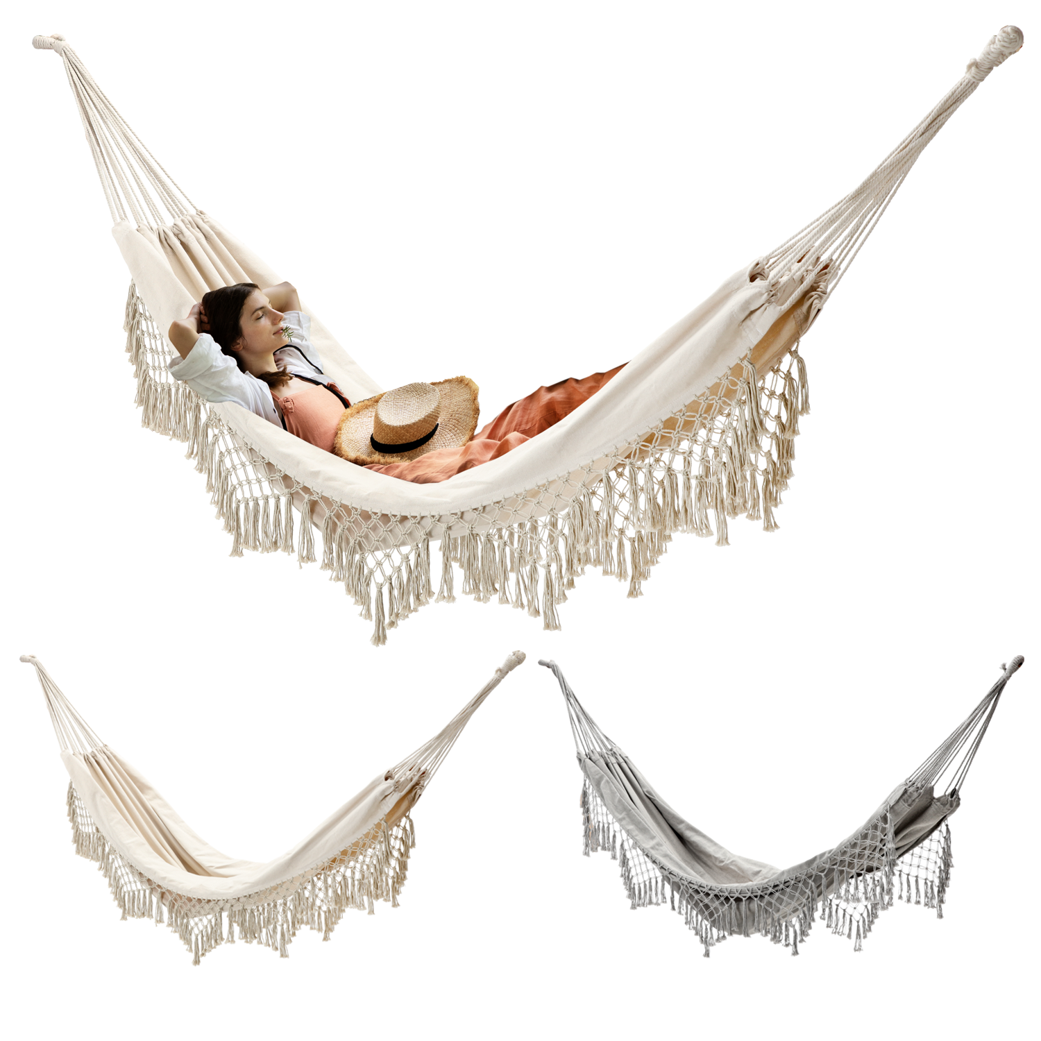 Houpací síť s třásněmi Boho 200 x 150 cm Béžová/Šedá