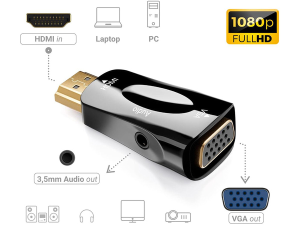 Převodník adaptér z hdmi na vga d-sub audio mini jack
