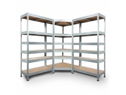 Rohový regálový systém 2200x700x400x425 mm, 2x 2200x900x400 mm, kovový zinkovaný 6-policový, nosnost 3000 kg
