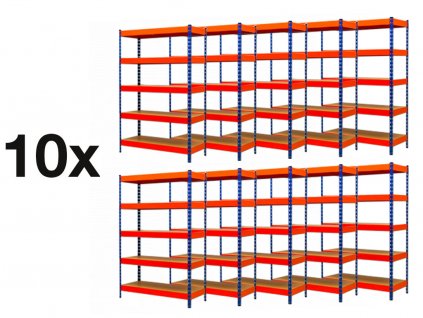 AKCE - Balíček : 10x  Regál 2160x1400x400 mm PROFESIONÁLNÍ lakovaný 5-policový, nosnost 2000kg - MODRO-ORANŽOVÝ