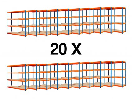 AKCE - Balíček : 20x  Regál 1680x1600x500 mm PROFESIONÁLNÍ lakovaný 4-policový, nosnost 1600kg - MODRO-ORANŽOVÝ