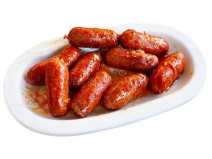 spanish appetizer mini chorizo de navarra warm sausages choricitos ceramic bowl isolated over white background 196170998