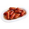 spanish appetizer mini chorizo de navarra warm sausages choricitos ceramic bowl isolated over white background 196170998