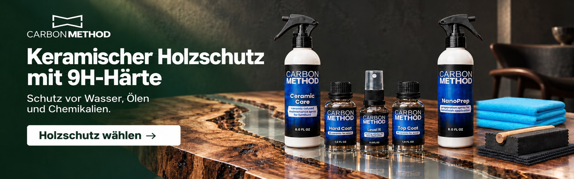 Carbon Method – keramischer Holzschutz 9H gegen Wasser, Öle und Chemikalien
