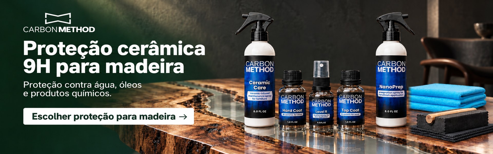Carbon Method – proteção cerâmica 9H para madeira contra água, óleos e produtos químicos