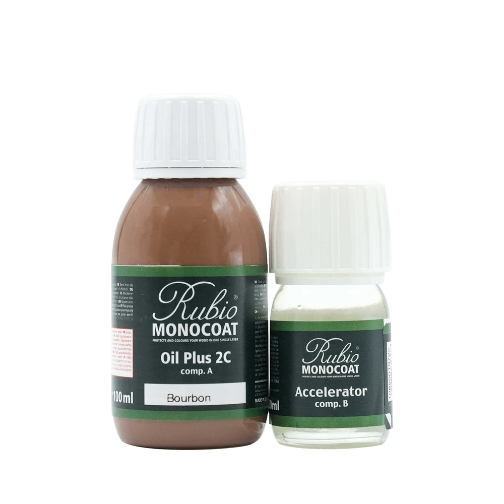 Rubio Monocoat Oil Plus 2C Bourbon 130 ml — lahvička 100 ml oleje A a lahvička 30 ml akcelerátoru B