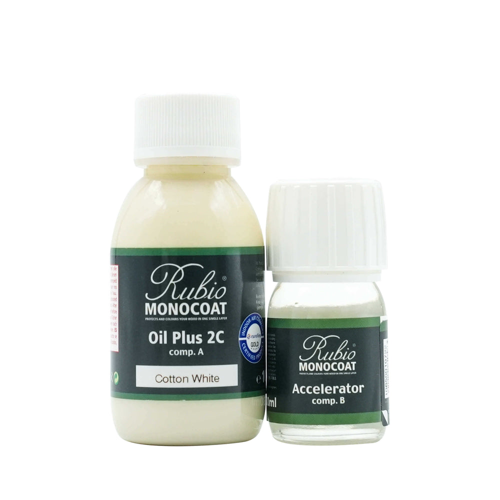 Rubio Monocoat Oil Plus 2C Cotton White 130 ml — lahvička 100 ml oleje A a lahvička 30 ml akcelerátoru B