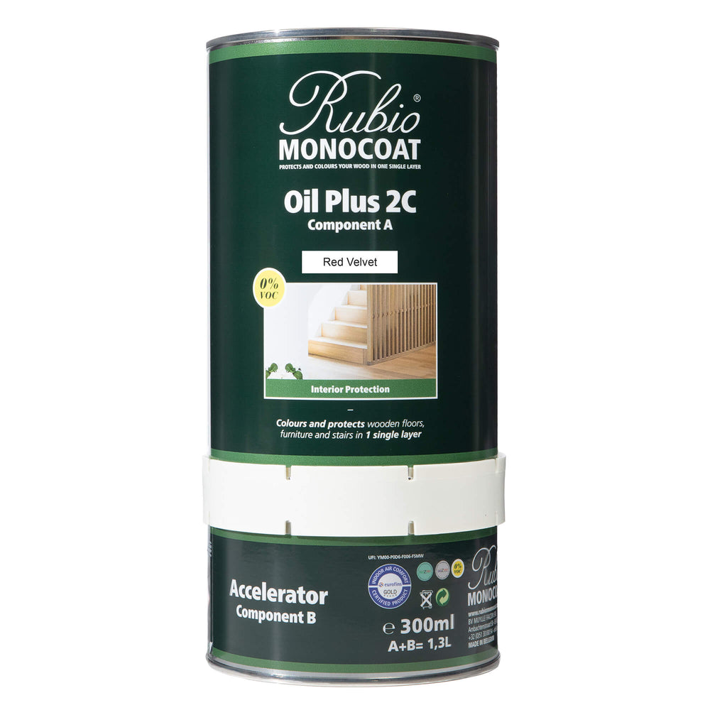 Rubio Monocoat Oil Plus 2C Red Velvet 1.3 L — 1 l tin of oil A and a 300 ml container of accelerator B