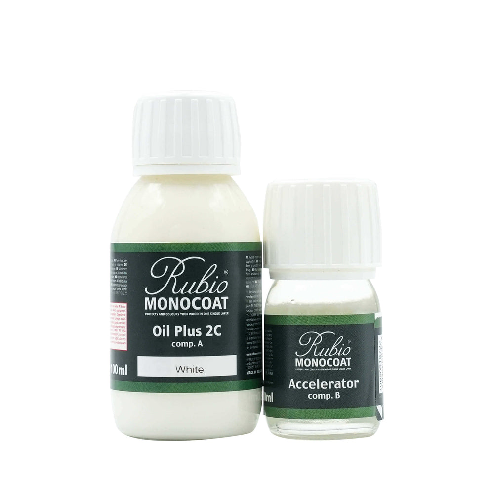 Rubio Monocoat Oil Plus 2C White 130 ml — lahvička 100 ml oleje A a lahvička 30 ml akcelerátoru B