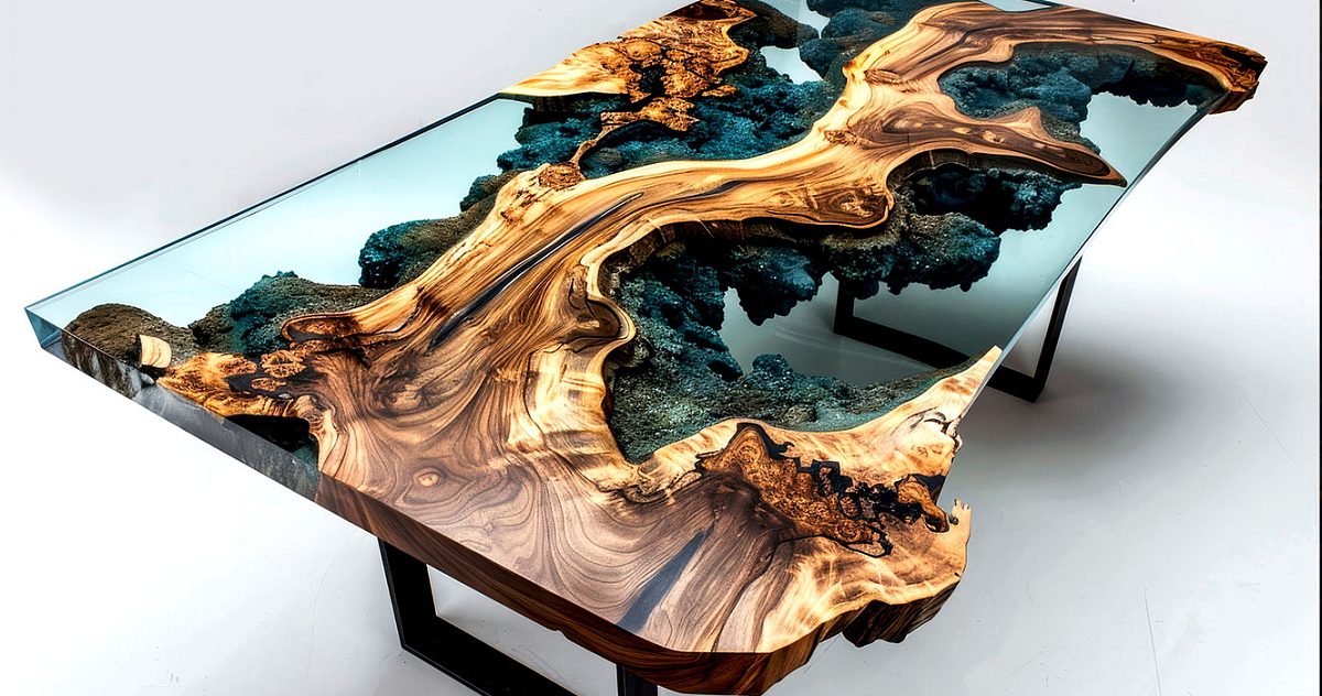 Celý river stůl z ořechu s tmavou epoxidovou řekou z Table Flow