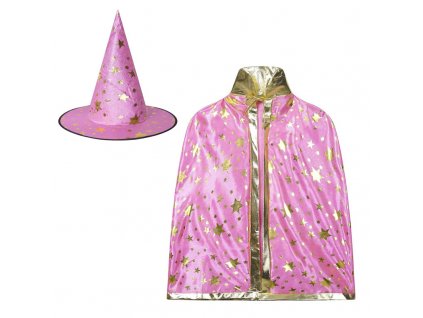 čarodějnický set klobouk plášť růžový 1