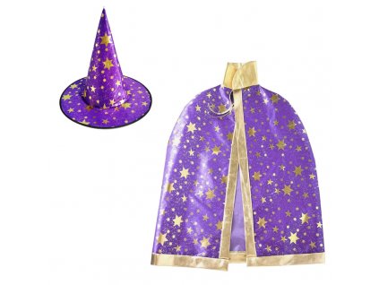 čarodějnický set klobouk plášť fialový hvězdy 1