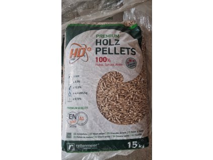 15kg pytel přední strana - dřevěné pelety smrkové Rettenmeir HD+ premium holz pellets