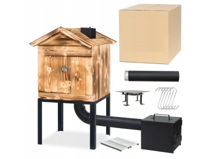 Zahradní dřevěná udírna 120 cm opálená s kovový komín XL - Grill&Smokehouse