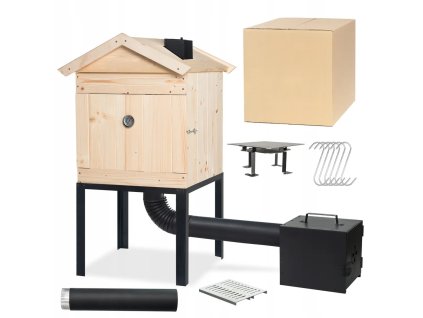 Zahradní dřevěná udírna 120 cm s L topeništěm a kovovým komínem - Grill&Smokehouse