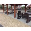 02 ga. Set of 2 solid L-bench benches and a table