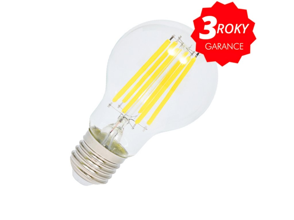 RETRO LED žárovka filament vintage COB vlákna s velkou svítivostí v teplé žluté barvě světla. Čiré sklo a klasický velký závit E27 standardní. Úsporné