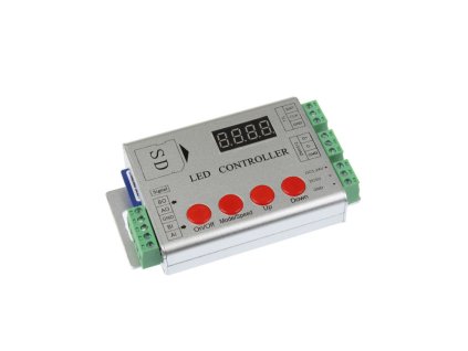 Digitální ovladač pro ovládání digitálních LED pásků. Ovladač disponuje možností nahrání módu na SD kartu který se následně promítají do LED pásku. K dispozici jsou i již nahrané módy. Ovladače také lze mezi sebou synchronizovat přes vstupy a výstupy viz. návod. SD karta je součástí ovladače. Nízká cena. TopLux skladem Praha.