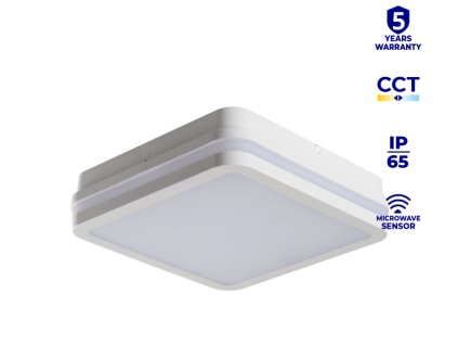 Celkový pohled na svítidlo      Alt text: Hranaté bílé LED stropní svítidlo Kanlux BENO s čidlem pohybu      Popis: Moderní hranaté LED svítidlo s integrovaným radarovým senzorem – ideální pro profesionální instalace v interiéru i exteriéru.