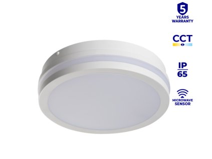 Celkový pohled na svítidlo      Alt text: LED stropní svítidlo Kanlux BENO 12/18W s IP65 a pohybovým senzorem      Popis: Přisazené LED svítidlo s vysokým krytím IP65, nastavitelným výkonem, CCT barvou světla a integrovaným radarovým senzorem pohybu.