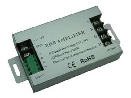 Zesilovač RGB barevných LED pásků na 12V/24V, posílení signálu pro větší zátěž LED ovladačů a přijímačů, zapojení na DC a svorkovnice, kovové saši, tříkanál