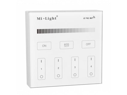 Luxusní skleněný nástěnný LED ovladač stmívač Mi-Light B1 MiBoxer na baterie 2xAAA čtyř kanálový vypínač na zeď ovlada pro led pásky spolehlivé stmívání