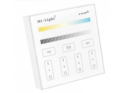 Luxusní skleněný nástěnný LED ovladač stmívač Mi-Light B2 MiBoxer baterie 2xAAA 4 zony vypínač na zeď CCT dual white nastavitelná regulovatelná barva světla