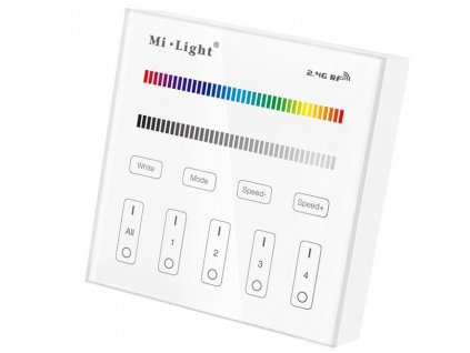 Luxusní skleněný nástěnný LED ovladač stmívač Mi-Light B3 MiBoxer na baterie 2xAAA čtyř kanálový vypínač na zeď pro RGB a RGBW LED pásky a osvětlení