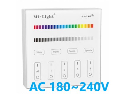 Luxusní skleněný nástěnný LED ovladač stmívač Mi-Light B1 MiBoxer na napájení ze sítě 230V čtyř kanálový vypínač na zeď pro RGB RGBW LED pásky