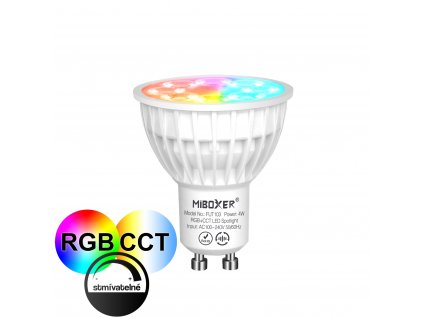 Všebarevná LED žárovka Mi-Light FUT103 RGB+CCT 4W patice GU10 230V AC nastavitelná barva světla, efekty střídání a prolínání barev ALLMIX MiBoxer bodovka