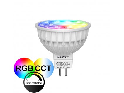 Všebarevná LED žárovka Mi-Light FUT104 RGB+CCT 4W patice MR16 12V DC nastavitelná barva světla, efekty střídání a prolínání barev ALLMIX MiBoxer bodovka