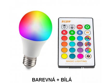 LED barevná žárovka RGB + W s bílou barvou světla - teplá bílá a klasickým závitem E27 na dálkové IR ovládání. Paměť posledního nastavení. Ovladač v balení