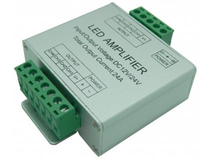 Zesilovač RGBW barevných LED pásků na 12V/24V, posílení signálu pro větší zátěž LED ovladačů a přijímačů, zapojení na DC a svorkovnice kovové saši čtyřkanál