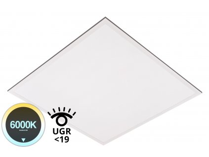 Čtvercový LED panel UGRB6060 102307. 60x60cm bílá barva rámu, 6000K studená bílá, hranaté stropní  stmívatelné svítidlo do podhledu na lanka strop.