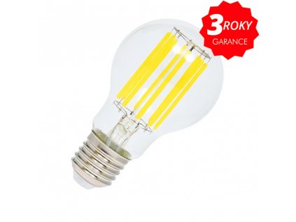 RETRO LED žárovka filament vintage COB vlákna s velkou svítivostí v teplé žluté barvě světla. Čiré sklo a klasický velký závit E27 standardní. Úsporné