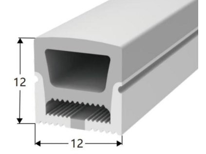 Obrázek – detail profilu v řezu: Silikonový NEON profil H1212 vysoký, rozměr 12×12 mm, vhodný pro LED pásky, mléčný difuzor pro homogenní světlo.