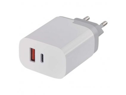 Rychlonabíječka s USB-A a USB-C adaptér do zásuvky pro nabíjení telefonů, sluchátek, hodinek, tabletů, stolních lampiček dalších zařízení.