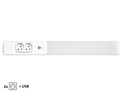 Rohové kuchyňské svítidlo a 2x zásuvka a USB s nízkou spotřebou a velkou svítivostí, barva 4000K neutrální, plast a hliník v tenké konstrukci. Nový model