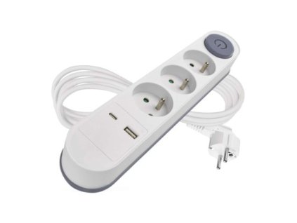 Prodlužovací kabel 2 m / 3 zásuvky / s vypínačem / bílý / 1×USB-A + 1×USB-C / 1,5 mm2