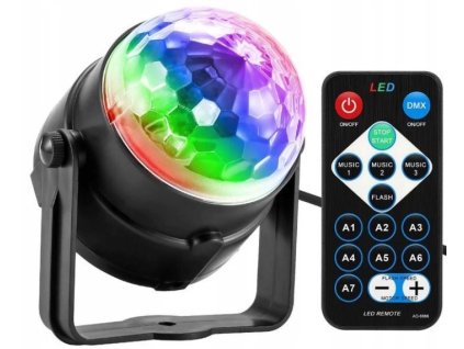 Barevné svítidlo, disco reflektor s dálkovým ovladačem co reaguje na hudbu. Barevné RGB hvězdné nebe na 230V a s ohebným kloubem. Reflektorová koule.