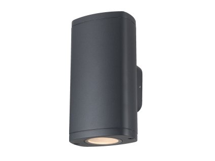 Šedé nástěnné fasádní svítidlo s elegantním jednoduchým designem pro dvě výměnné LED žárovky typu GU10 voděodolné venkovní provedení na déšť