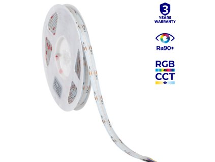 LED pásek Kanlux LCOB 21W/M, RGB+CCT (3000–6100 K), napětí 24 V DC, světelný tok až 680 lumenů na metr, CRI >90, COB technologie bez viditelných bodů, řezatelný po 3,6 cm, vnitřní použití IP00, šířka 12 mm, délka 5 metrů – ideální pro moderní interiérové osvětlení stropních podhledů, nábytku, vitrín, kuchyňských linek a designových prvků s možností barevného i bílého světla v jednom pásku