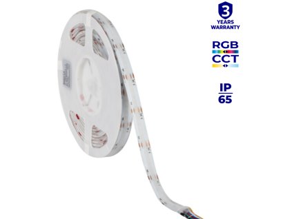 LED pásek Kanlux LCOB 21W/M, RGB+CCT (3000–6100 K), napětí 24 V DC, světelný tok až 680 lumenů na metr, CRI >90, COB technologie bez viditelných bodů, řezatelný po 3,6 cm, venkovní použití IP65 voděodolný , šířka 12 mm, délka 5 metrů – ideální pro moderní interiérové osvětlení stropních podhledů, nábytku, vitrín, kuchyňských linek a designových prvků s možností barevného i bílého světla v jednom pásku