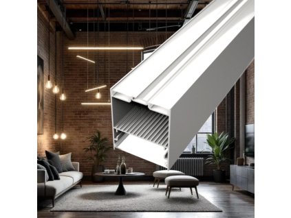 Celkový pohled na bílý profil  Závěsný hliníkový LED profil 49x60 mm pro moderní osvětlení Masivní eloxovaný profil určený pro zavěšení – ideální pro výrobu souvislých světelných linií s oboustranným svícením (nahoru i dolů). Skrytý prostor pro napájecí zdroj a ovladač.