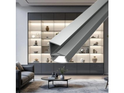Profil nasazený na skleněné polici LED profil GLASS SHELF nasunutý na 8mm skleněnou polici Elegantní řešení osvětlení skleněných polic bez vrtání a šroubování. Snadná montáž pouhým nasunutím.