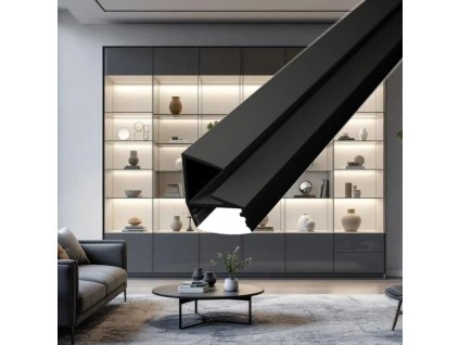 Černý profil nasazený na skleněné polici LED profil GLASS SHELF nasunutý na 8mm skleněnou polici Elegantní řešení osvětlení skleněných polic bez vrtání a šroubování. Snadná montáž pouhým nasunutím.