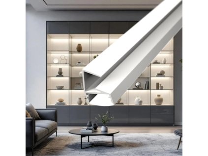 Bílý profil nasazený na skleněné polici LED profil GLASS SHELF nasunutý na 8mm skleněnou polici Elegantní řešení osvětlení skleněných polic bez vrtání a šroubování. Snadná montáž pouhým nasunutím.