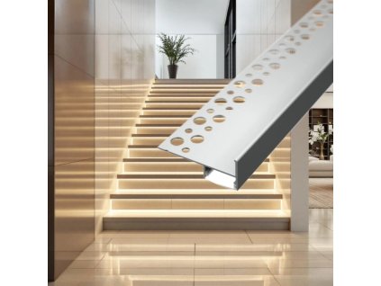  LED profil TILE EDGE na hranu schodu pod dlažbu – montážní detail alt="LED hliníkový profil TILE EDGE montáž na hranu schodu pod dlažbu"