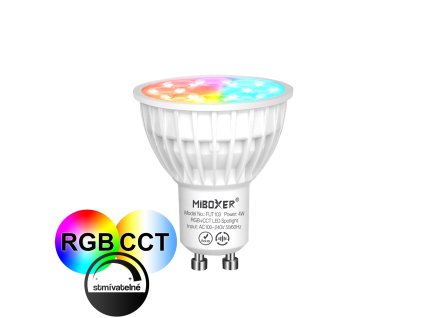 Všebarevná LED žárovka Mi-Light FUT103 RGB+CCT 4W patice GU10 230V AC nastavitelná barva světla, efekty střídání a prolínání barev ALLMIX MiBoxer bodovka
